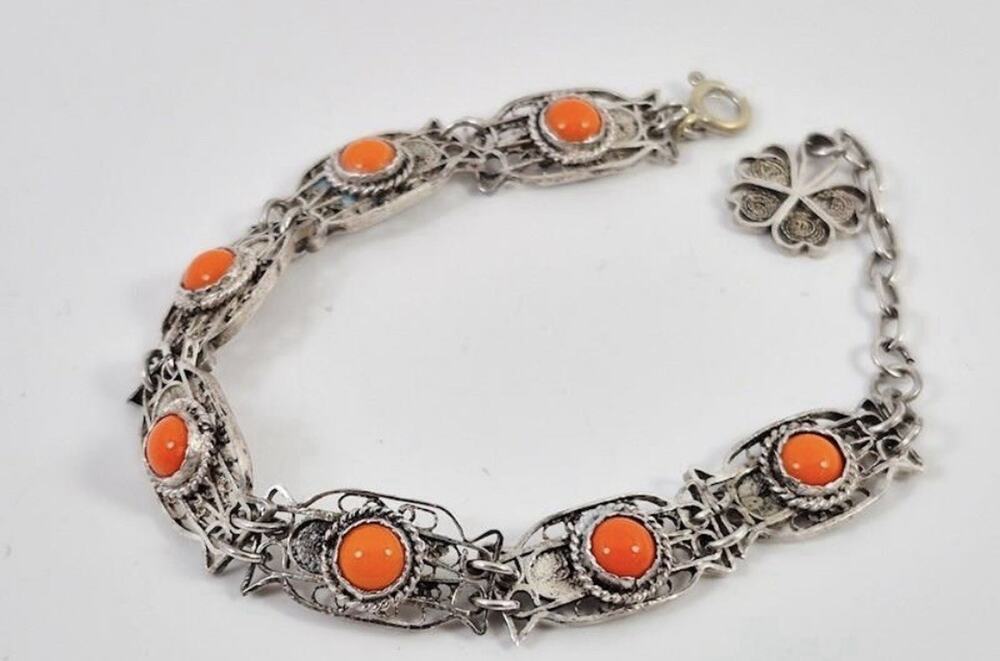 Vintage Sterling Silver Orange Cabochon Stone Filigree Link Bracelet 8”-Art Deco